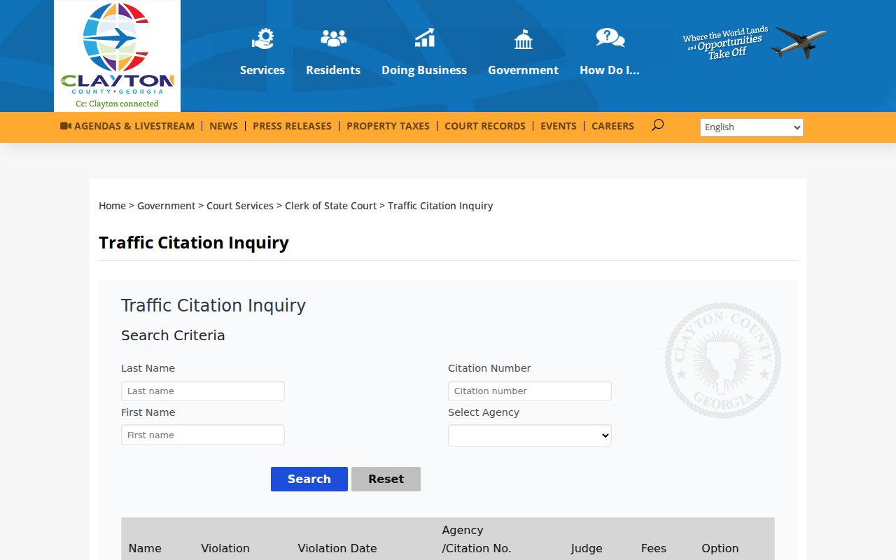Clayton County traffic warrant citation inquiry page