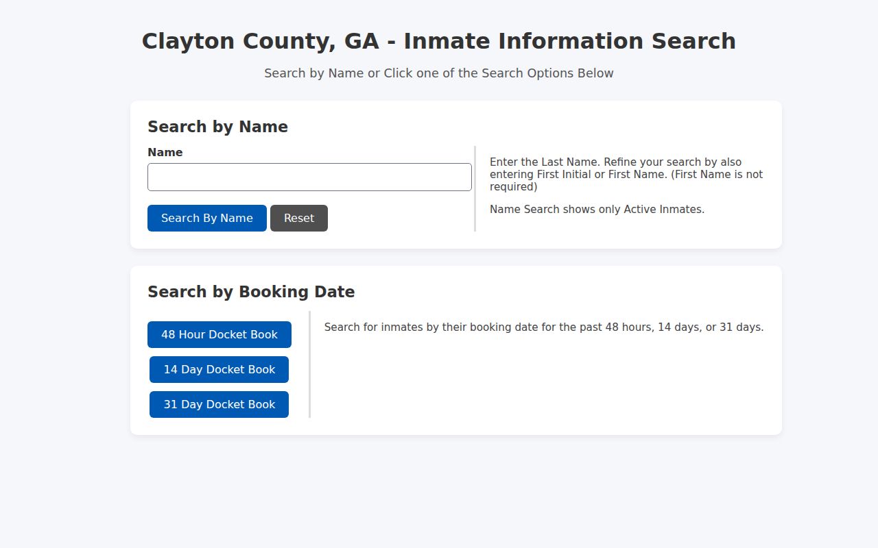 Clayton County sheriff docket name search field and date-window controls