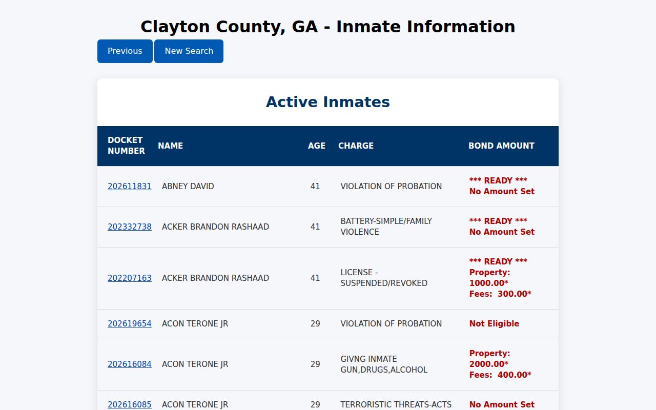 Clayton County sheriff docket result-column layout without personal records