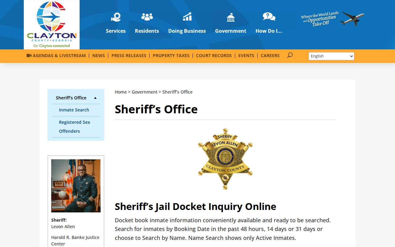 Clayton County Sheriff's Office page with official jail docket route